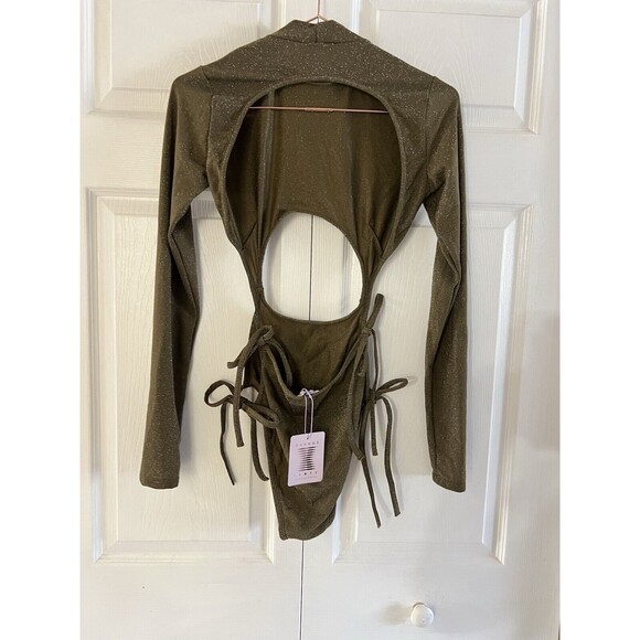 Savage X Fenty Bodysuit Green Shine Strapy Teddy Thong Mock Neck Size M - Picture 5 of 9